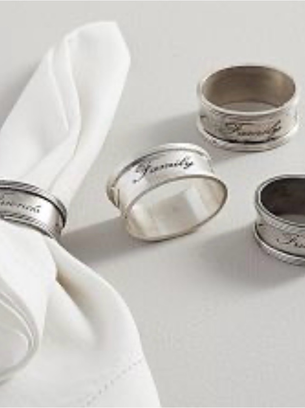 Pottery Barn Antique Silver Friends & Family Napkin Rings 6